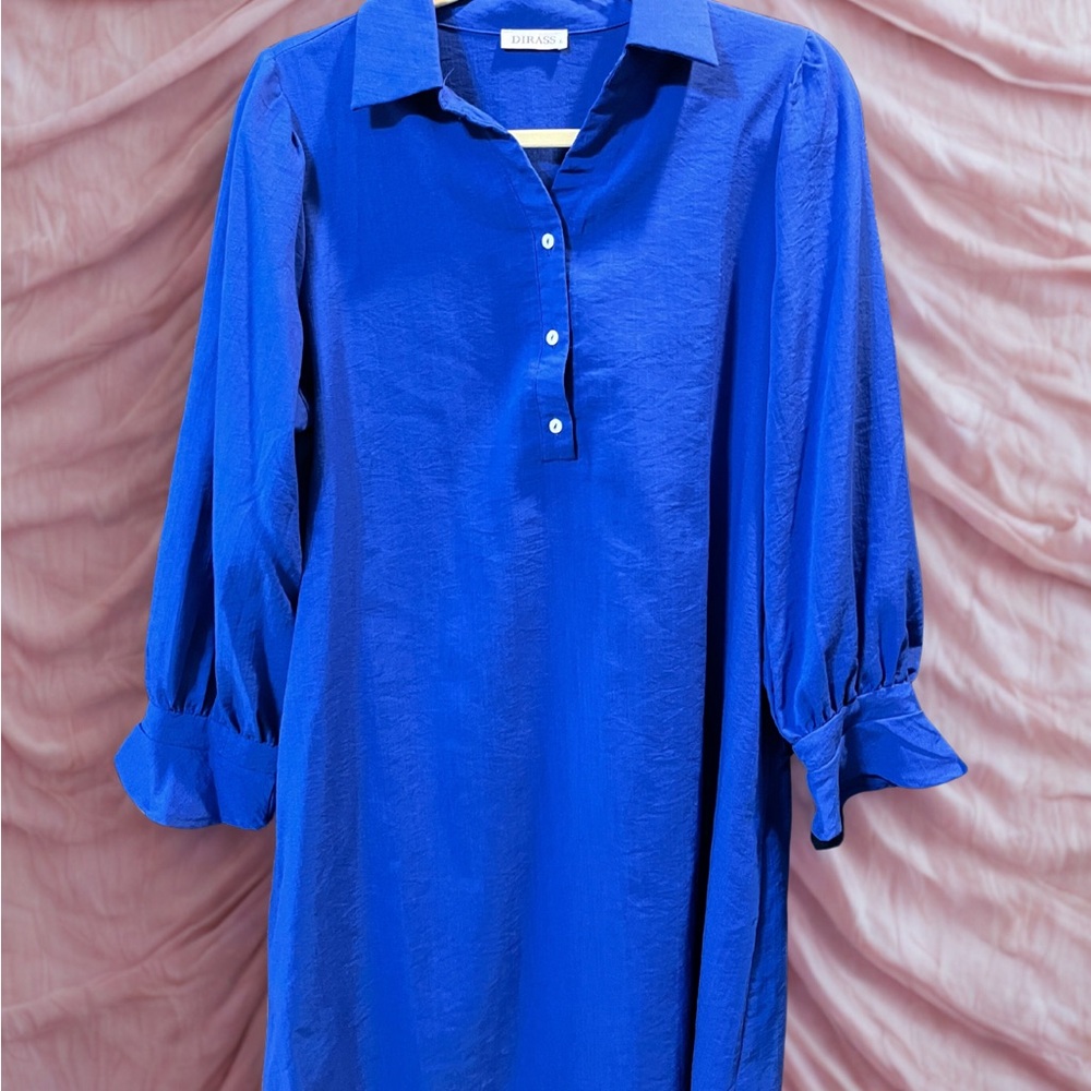 Vibrant Blue Button-Up Dress with ruffled cuffs - Size L